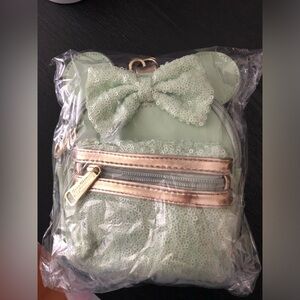 Disney Parks Loungefly Minnie Mouse Bow Mint Green Sequin Mini Backpack Wristlet